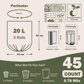 JENCENBIO Compostable Bin Liners, 5 Gallon, 20Liter, Extra Thick 0.78 Mils, Biodegradable Food scrap waste bags with US BPI ASTM D6400 and Europe OK Compost Home Certified