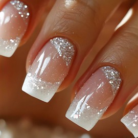 French Tip Press on Nails Short Square Fake Nails White Glitter Glue on Nails Glossy Acrylic Nails Reusable Stick on Nails Artificial Full Cover Nails for Women 24 Pcs