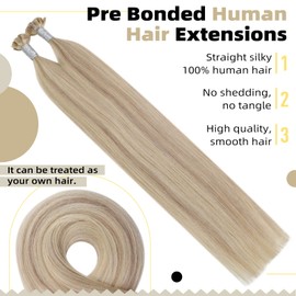 Ugeat Bonding Extensions, Blonde Highlights, Real Hair, Ash Blonde, Highlights, Very Long, Flat Tip Extensions, 55 cm, 50 g, Pack of 50, #18/613