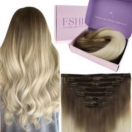Fshine Clip in Hair Extensions Real Hair 45 cm 120 g 9 Pieces Clip in Extensions Real Hair Shading from Brown Walnut to Ash Brown and White Blonde Remy Human Natural Hair Extensions with Clip