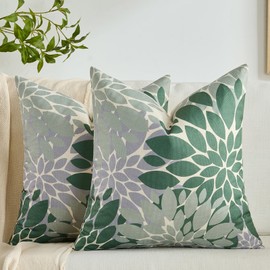 Cushion Cover Green and Grey Cushion 50 x 50 cm Outdoor Decorative Cushion Covers Modern Sofa Cushion Abstract Flower Decorative Cushion Linen Cushion Cover Set of 2 for Home Decor