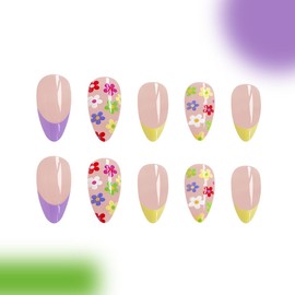 Flower Press on Nails - Medium + White Tip French,Colorful Flowers Fake Nails Kit with 24 Nails,24pcs jelly glue stickers,1pcs mini nail file,1pcs wooden stick （ Cute Floral Nails for Women and Girls）