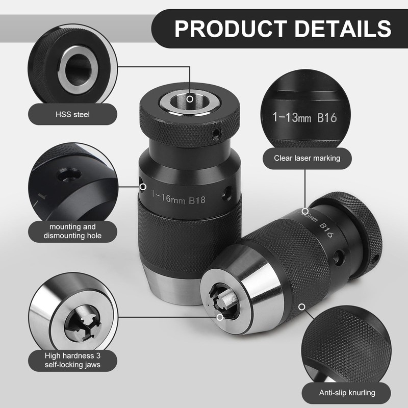 EFUTURETIME Keyless Drill Chuck B16, 1-13 mm, with Taper Mandrel