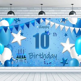 Costume Bay Blue Happy Birthday Backdrop Banner 180 * 110 cm Large Background Cloth Photo Party Large Decoration Sign for Birthday Party (Blue - 10th, ONE)