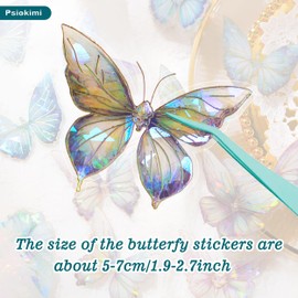 Psiokimi 160 Pcs Butterfly Stickers, Holographic Crystal Butterfly Decals, Waterproof Transparent Resin Stickers with Tweezers for DIY Craft and Scrapbooking