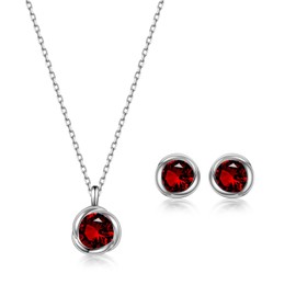 immobird Women's Jewellery Sets, Necklace and Earrings Set, 925 Sterling Silver Women's Necklaces with Zirconia, Women's Silver Earrings, Women's Silver/Rose Gold Jewellery (Garnet)