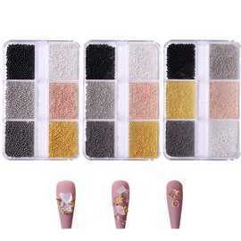 Brion Set, 6 Colors, 3 Case, Nail Parts, Metal Parts, Gold, Silver, Pink Gold, Black, Brion Beads, Metal Blion Parts, Gel Nails, Resin Deco Parts, 0.05 + 0.03 inches (1.2 mm + 1 mm + 0.8 mm)