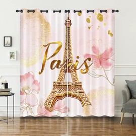 AILONEN Paris Pink Window Curtain, Tie Dye Flower Gold Eiffel Tower Window Treatments Drapes-2 Panels Set,Girls Women Teen Eiffel Tower Themed Bedroom/Living Room Curtain 52" W x 63" H