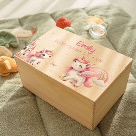 GRAVURZEILE Erinnerungskiste für Babys - Pegasus - Personalisiert mit Name & Datum - Holzkiste für Mädchen & Jungen - Geschenk für Baby zur Geburt - Erinnerungsbox für Neugeborene