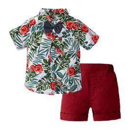 Toddler Boy Hawaiian Outfit Set Baby Summer Floral Shirt with Bow-tie+Short Pants (Red, 3T)