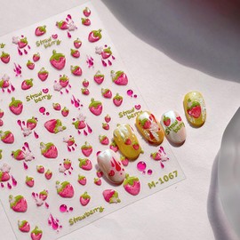1 Sheets 5D Strawberry Nail Stickers for Nail Art Self-Adhesive Embossed Nail Art Stickers Cute Pink Strawberry Nail Decals Fruit Nail Design for Women Summer Nails Decoration Supplies