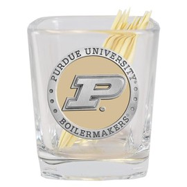 Heritage Pewter Purdue Tooth Pick Holder| Hand-Sculpted 1.5 Ounce Glass | Intricately Crafted Metal Pewter Alma Mater Inlay