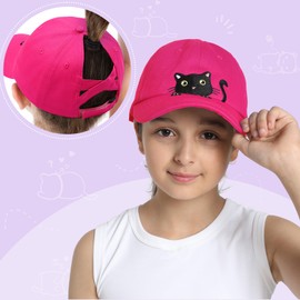 Girls Criss Cross Ponytail Hat Black Cat Baseball Cap Kids Adjustable Cotton Hats Funny Embroidered Sun Hat Age 3-14