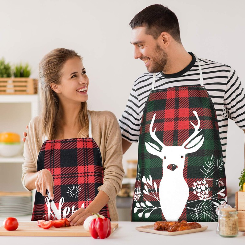 Geyoga 2 Pieces Christmas Aprons for Women Buffalo Plaid Check