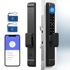 Sliding Glass Door Lock, Dhiedas Sliding Door Smart Lock with Fingerprint RFID Keypad Bluetooth App Electronic Digital Biometric Safety Patio Door Double Hook Slim Mortise Lock Set with Handle
