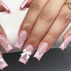 Pearl Press on Nails Pink French Tips Long Fake Nails White Bow Design Square Shaped False Nails Glossy Bling Acrylic Nails White Full Cover Stick on Nails for Women Girls Nail Supplies 24 Pcs