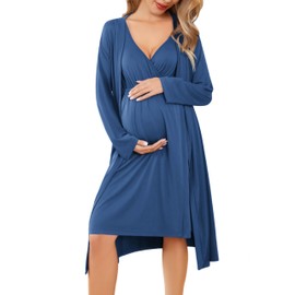 Ekouaer Women Maternity Nursing Gown and Robe Set Labor Delivery Nursing Nightgowns Pregnancy Clothes Blue L