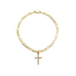 CBC Crown Stone Studded Egyptian Ankh and Cross Anklet 10" Figaro Chain Anklet in Gold Tone (Gold Cross Anklet)