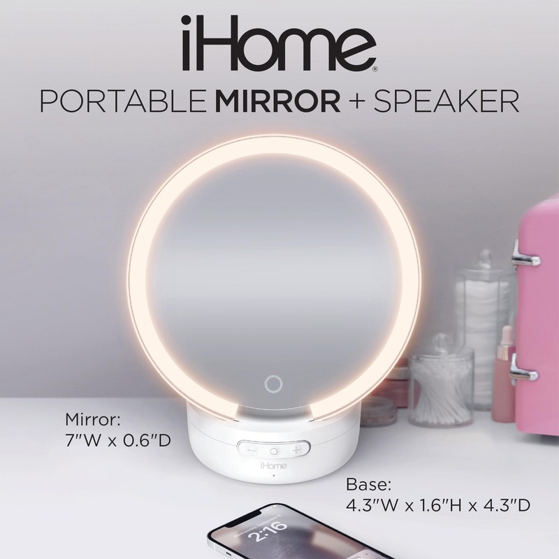 iHome Makeup Mirror with Lights and Bluetooth Speaker, Travel Mirror