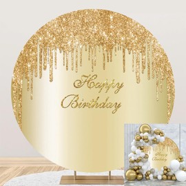 OERJU 6.5x6.5ft Golden Birthday Round Backdrop Luxurious Drippy Glistering Gold Photography Background Circle Backdrop Cover for Girls Women Birthday Party Decorations Photo Booth Props