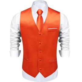 DiBanGu Mens Satin Suit Vest and Tie Set 8PCS Solid Waistcoat and Bowtie with Lapel Pin for Tuxedo Dress Vest Wedding Formal, Burnt Orange, Large
