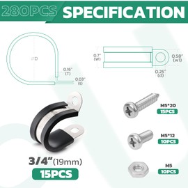 OURU 50PCS 3/4 Inch Cable Clamps with Screws Assortment Kit 304 Stainless Steel Rubber Cushioned Insulated Cable Clamp, Automotive Wire Pipe Clamps(19mm)