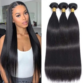 Feibin Straight Human Hair Bundles 12 12 12 Inch Trippy Hair Bundles Human Hair 100% Brazilian Unprocessed Raw Hair Bundles Weft Weave Bundles Human Hair Extensions For Black Women Natural Color