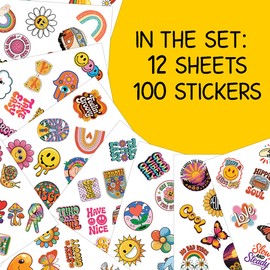 100pcs Hippie Stickers, Groovy 70s Retro Hippy Sticker Waterproof Vinyl Perfect for Phone Cases, Laptops, Luggage, Birthday Parties, Picnic Crafts, and Daily Decoration