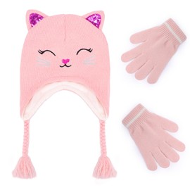 Girls Cat Ear Beanie Winter Hat and Gloves Set Kids Knitted Earflap Cap Mitten Set for Ages 3-7 Pink