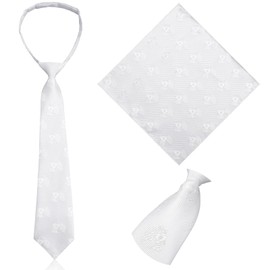 2 Pcs Boys First Communion Tie and Hanky Set, 1st Communion Satin Necktie Embroidered with the Chalice, Folded Handkerchief Brocade Tie for 1st Communion Gift, Baptism, Confirmation(White)