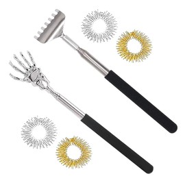 Back Scratcher, Stainless Steel Telescopic Back Scratcher, 2 Pieces Telescopic Back Scratcher and 4 Pieces Massage Rings for Fingers, for Head, Back and Finger Massage