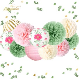 NICROLANDEE 12PCS Green Pink Blooms Tissue Pom Poms Paper Lantern 3D Gold Confetti 50G for Fairy Party, Garden Birthday Party, Wedding, Baby Shower, Holiday, Floral Party Decorations