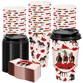 JarThenaAMCS 48 Set Horse Racing Disposable Coffee Cups with Lids and Sleeves Run for The Roses Paper Drinking Cups Kentucky Derby Paper Cups for Party Supplies
