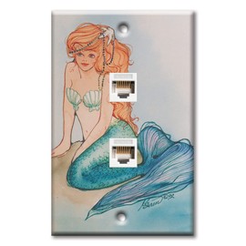 Art Plates - Two Port RJ45 Ethernet decorative printed keystone style wall plate. Works with Cat5 through Cat8 cables. Female to Female Connections. - Mermaid