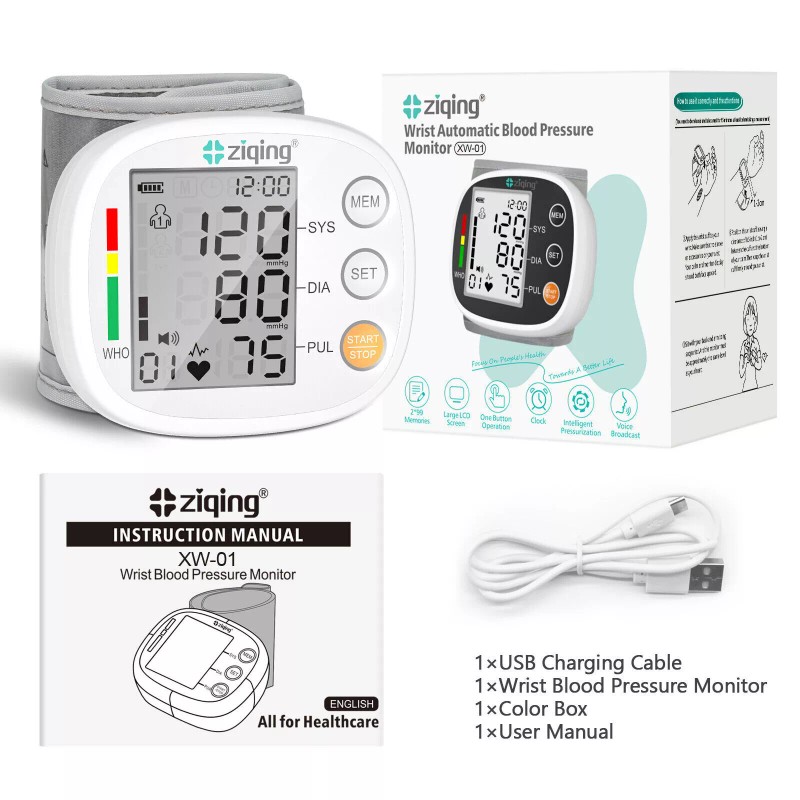 Ziqing LCD Screen Wrist Blood Pressure Monitor Adjustable Cuff Heart