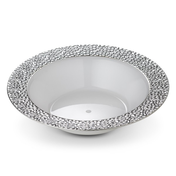 [8 Count - 12 Oz Bowls] Laura Stein Designer Tableware Premium Heavyweight Plastic White Soup Bowl with Silver Designed Border, Party & Wedding Plate Glitz Series Disposable Dishes