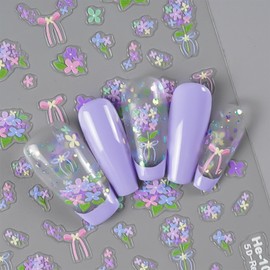 5D Flower Nail Art Stickers Purple Self-Adhesive Nail Art Stickers Blossom Relief Design for Women Manicure DIY Supplies