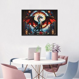 Dragon 1000 Piece Puzzles for Adults Red Dragon on a Stained Glass Window Jigsaw Puzzles, Mysterious Creatures Impossible Puzzle, 19.5 x 27.5 Inch
