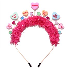 BVGA Valentines Headbands for Women Hot Pink Tinsel Wrapped Headpiece Heart Rhinestone Hairband Valentines Gifts for Her