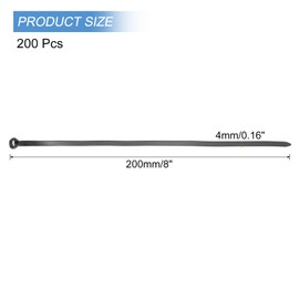 MECCANIXITY 200Pcs Black Zip Ties 8 Inch, Cable Ties with Metal Tooth Stainless Steel Locking Device Nylon for Indoor Outdoor Garage
