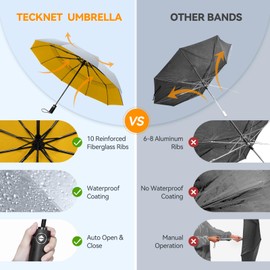 TECKNET Windproof Umbrella for Rain, Automatic Large Pocket Umbrella with 10 Ribs, 104 cm Windproof Umbrella, Foldable Compact Travel Golf Umbrella for Men and Women, Silver and yellow