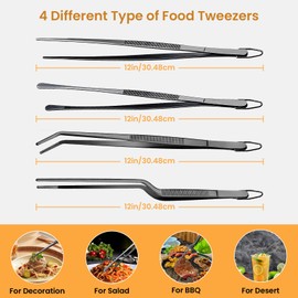 GEEKHOM Cooking Tweezers, [4 Pack] 12 Inch Fine Long Food Tongs Stainless Steel Kitchen Tongs Professional Cooking Tongs for Barbecue, Baking, Roasting, Dessert Decoration, Steak, Salad, Black