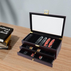 3-Tier Knife Display Case Vintage Knife Storage Box Rectangular Pocket Knife Collection Holder Organizer with Lock and Glass Window Top for Men Gift, Ebony Color