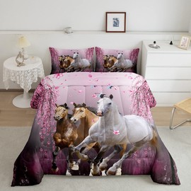Kids Horse Full Size Comforter Set Cherry Blossom Branches Steed Boys Bedding Set for Girls Teens Galloping Horse Comforter 3D Wild Animal Decor Quilt Set Bedroom Collection 3Pcs
