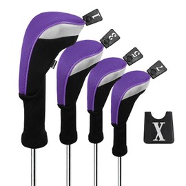 Andux 4pcs/Set Golf 460cc Driver Wood Club Head Covers Long Neck with Interchangeable No. Tags Black/Purple