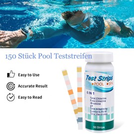 Pack of 150 Pool Test Strips, 6-in-1 Pool Water Test Strips, PH Test Strips, pH Strips, pH Value Test Strips, for PH Value, Total Hardness, Bromine, Total Chlorine, Cyanuric Acid, Total Alkalinity