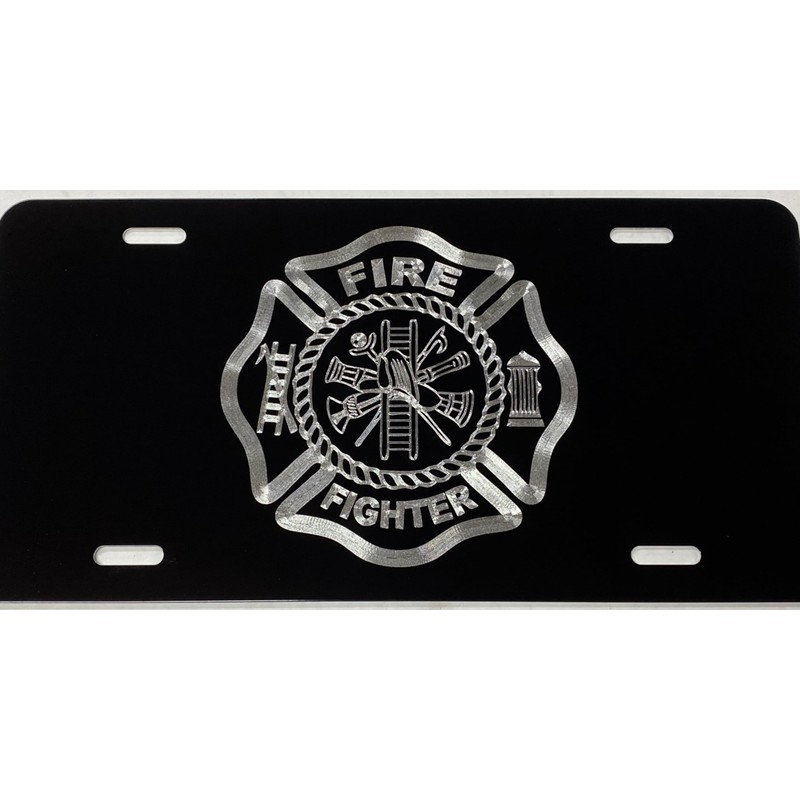 Firefighter Emblem Engraved Car Tag Diamond Etched on Black Aluminum