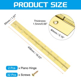 uxcell 2 Pack Piano Hinge, 18" Stainless Steel Continuous & Piano Hinges 2" Open Width 0.06'' Thick Heavy Duty Piano Hinges with Screws for Piano, Cabinets, Doors, Gold