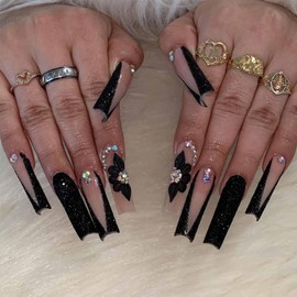 IMSOHOT Press on Nails Long Square Fake Nails Black French False Nail Tips Glossy Acrylic Nails with 3D Flower Charms Designs Full Cover Rhinestones Glitter Glue on Nails for Women 24Pcs
