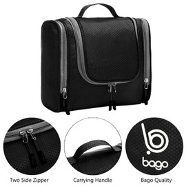 Bago Travel Hanging Toiletry Wash Bag Makeup Cosmetic Organizer - Large Waterproof Hanging Toiletry Bags for Women and Men - Travel Essentials Accessories Hanging Travel Wash Bag (Black)